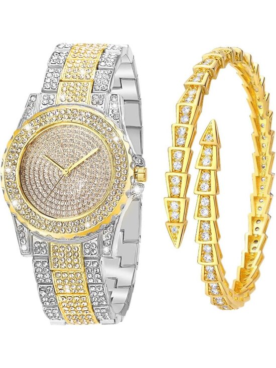 Accessories - Women's Silver Gold Interior Full Diamond Bling Rhinestone Quartz Crystal Watch
